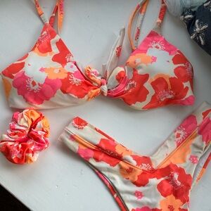 Floral Bikini Set - Orange and Pink